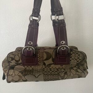 Coach Patchwork Signature Shoulder Bag with Burgundy Leather Straps